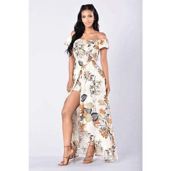 Fashion Nova Hot Tropic Print Off Shoulder Overlay Romper Size S - Picture 1 of 8
